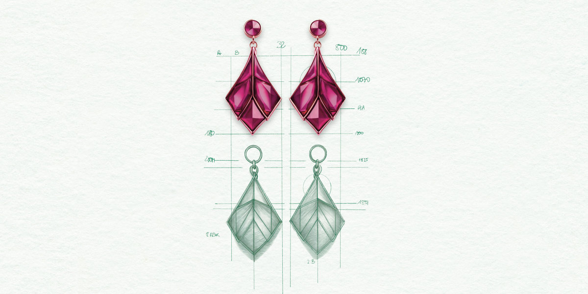 pink earrings and sketch below, campaign image Bisutex 2025