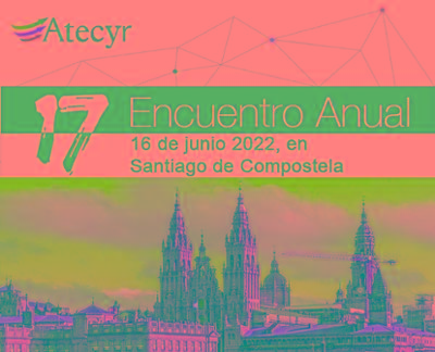 Anuncio del XVII Encuentro Anual de Atecyr y vista de Santiago de Compostela