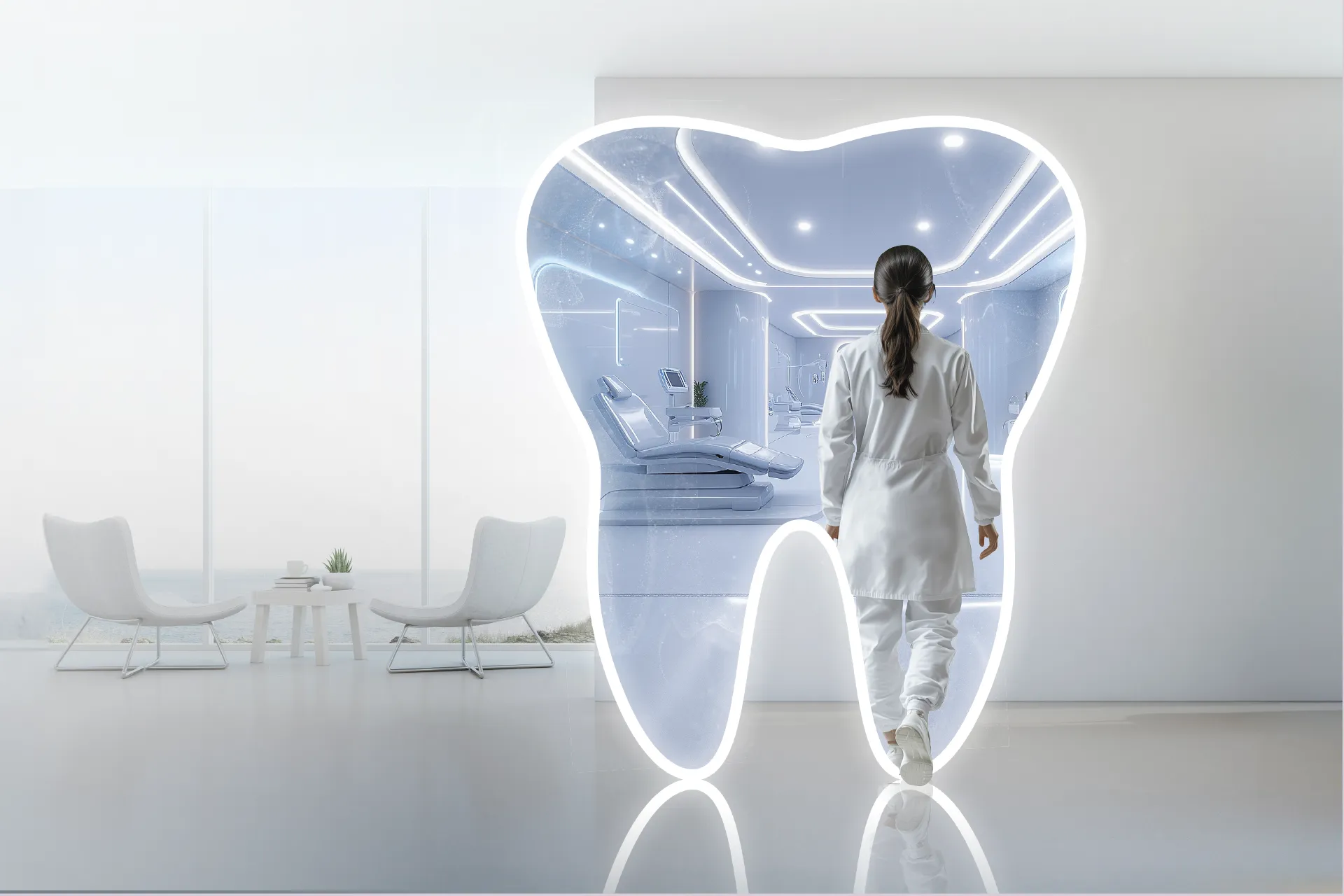 Image of a tooth in a futuristic space at Expodental