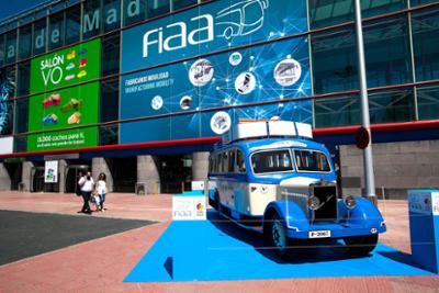 Outside the FIAA Entrance a classic vintage bus.