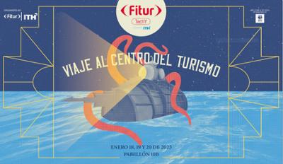 Cartel promocional de la sección de FITUR con el slogan “Viaje al centro del Turismo”