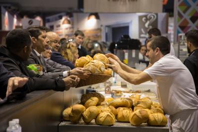 partial appearance of a bread stand at a trade fair