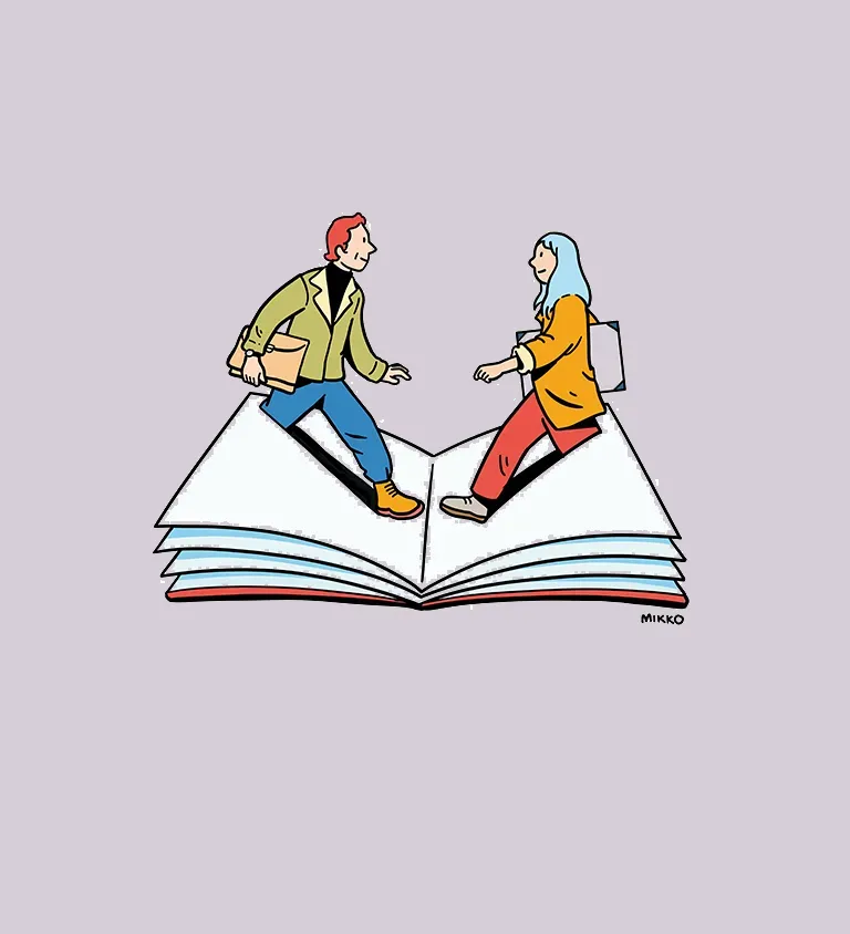 Illustration of a boy and a girl in a book at Liber