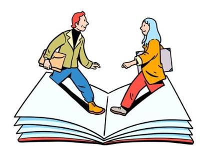 Drawing of two people walking over an open book, which will be the promotional image of LIBER 2023.