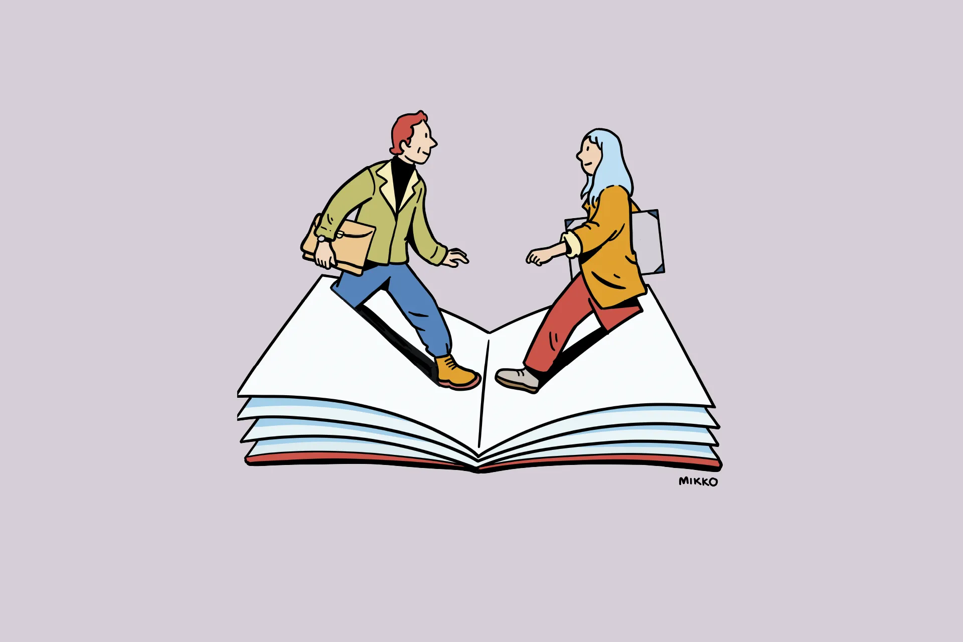 Illustration of a boy and a girl in a book at Liber