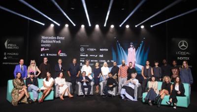 From left to right top row, Félix Ramiro, María Lafuente, Alfonso Pérez of Angel Schlesser, Roberto Verino, Nacho Aguayo and Álex Miralles of Pedro del Hierro, Ana Rodríguez -director of MBFWMadrid-, Xavi García and Franx de Cristal of Acromatyx, Tristán Ramírez of Agatha Ruiz de la Prada, JCPajares, Arturo de la Rosa, Karlo Módenes, Jack and Devins of XVStrange and Marta Maté of Santamarta. From left to right bottom row, Paloma Suárez, Álvaro Calafat, Odette Álvarez, Arancha Priede -general director of Trade Fair and Congress Business-, Daniel Martínez -executive vice president of IFEMA MADRID-, Michael Costello, Sergio de Lázaro de Berhanyer, Fely Campo, Dolores Nicolás and Blanca de la Cierva de De la Cierva y Nicolás at Mercedes-Benz Fashion Week Madrid