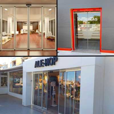 Un collage con tres puertas en vidrio de entrada a oficinas y locales comerciales