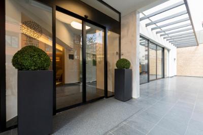 Sliding door at the entrance of a building.