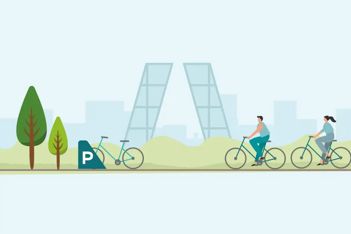Ilustración personas en bici por la ciudad